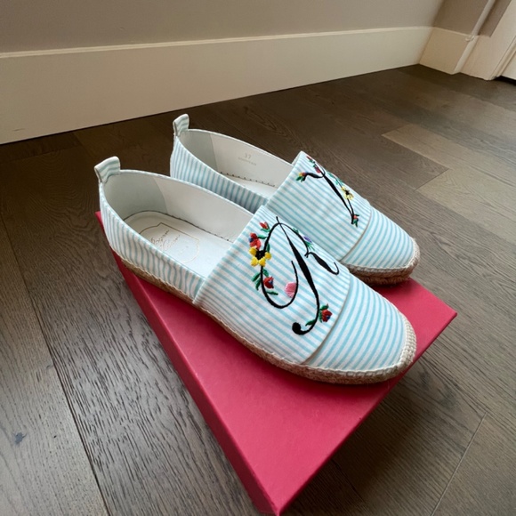 ROGER VIVIER Blooming Rv Embroidered Striped Canvas Espadrilles Blue Size 7 - Picture 6 of 12
